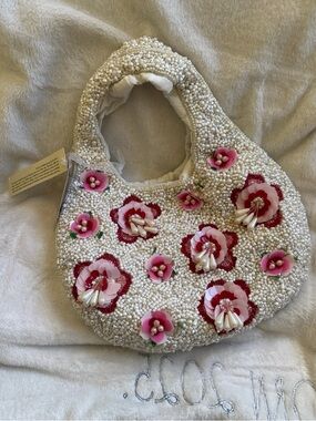 Beaded Ivory Mini Hobo Bag with Pink Floral Embellishments